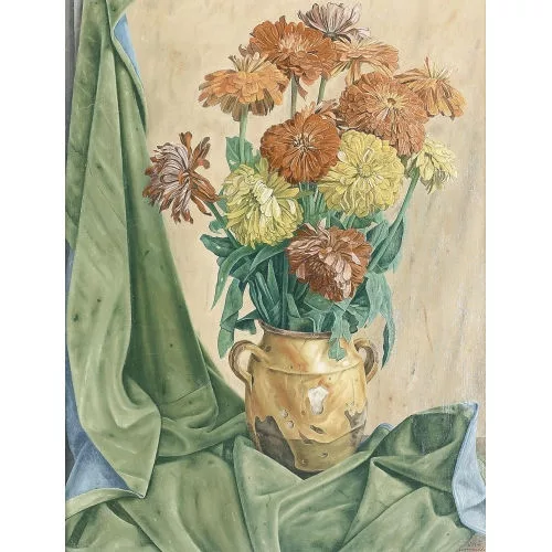 Aimé Barraud — Prachtvolles Stillleben mit Astern in einer gelben Vase.