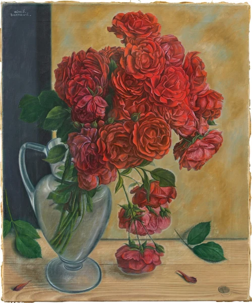 Aimé Barraud — Blumenstillleben mit roten Rosen und Glasvase