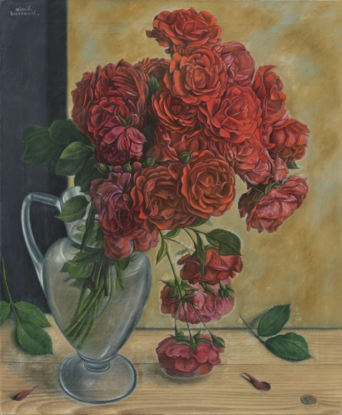 Aimé Barraud — Blumenstillleben mit roten Rosen und Glasvase