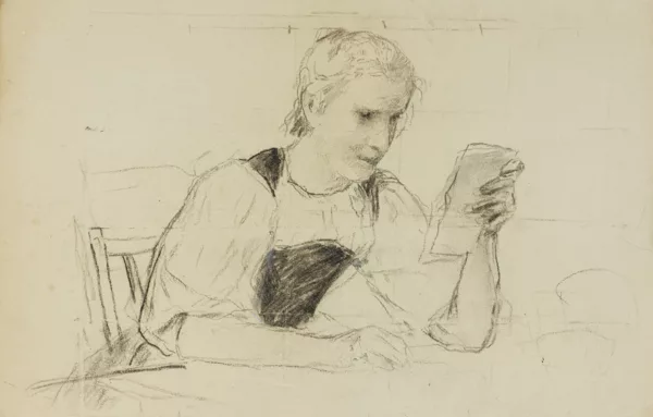 Albert Anker — Albert Anker (1831-1910), \\La lettre\\, fusain sur