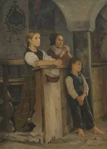 ALBERT ANKER — Betende im Beinhaus von Stans (Praying at the charnel house in Stans). 1865. — Koller Auktionen
