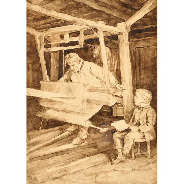 Albert Anker — Mann am Webstuhl mit lesendem Knaben.
