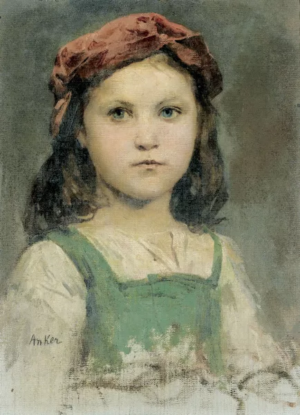 Albert Anker — Bildnis eines Mädchens mit roter Kopfbedeckung.