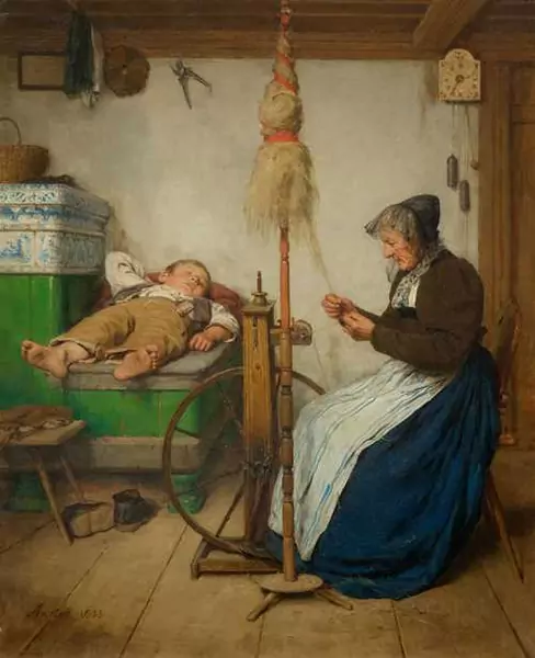ALBERT ANKER — A grandmother at a spinning wheel and a sleeping boy on an oven bench. 1883. — Koller Auktionen