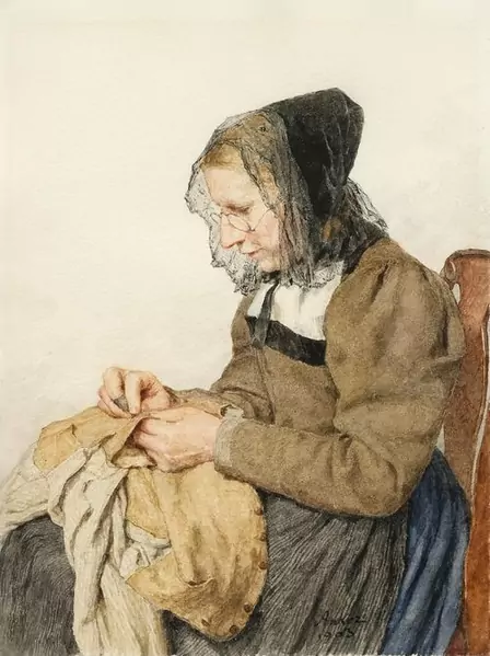 ANKER, ALBERT — Seeländerbäuerin beim Wamsflicken. 1903. (a Seeland woman mending a doublet) — Koller Auktionen