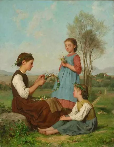 ALBERT ANKER — Drei Mädchen beim Kränzewinden. 1868. — Koller Auktionen