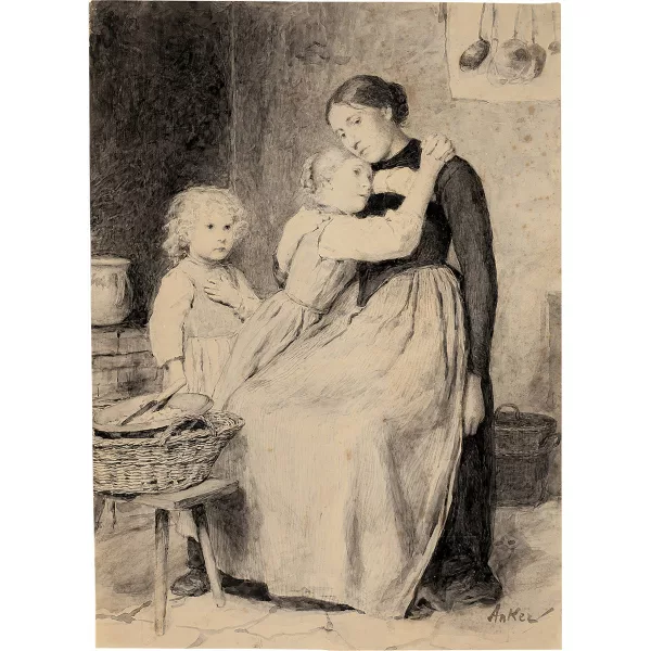 Albert Anker — Bäbeli und ihre Kinder im Gebet Illustration zu Jeremias Gotthelfs "Dursli der Branntweinsäufer - oder der heilige Weihnachtsabend"