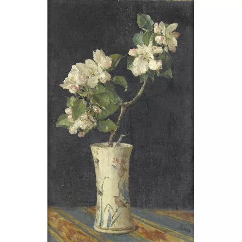 Albert Anker — Stillleben mit Kirschbaumzweig in japanischer Vase.