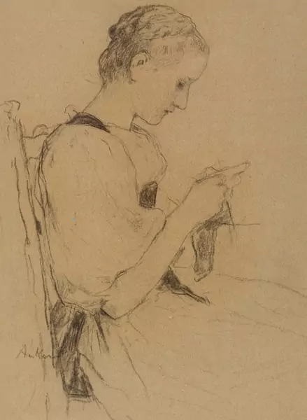 ALBERT ANKER — Sitzendes Mädchen beim Stricken. — Koller Auktionen