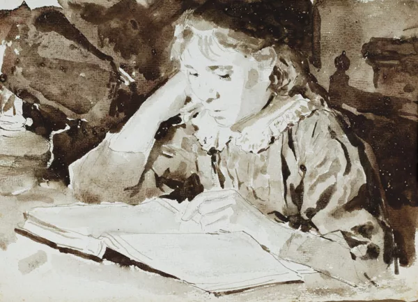 Albert Anker — Albert Anker (1831-1910), \\La lecture\\, lavis