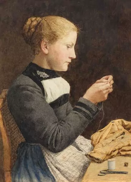 ALBERT ANKER — A young woman sewing. — Koller Auktionen