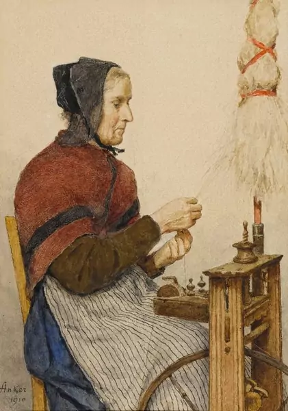 ALBERT ANKER — Bäuerin am Spinnrad. 1910. — Koller Auktionen