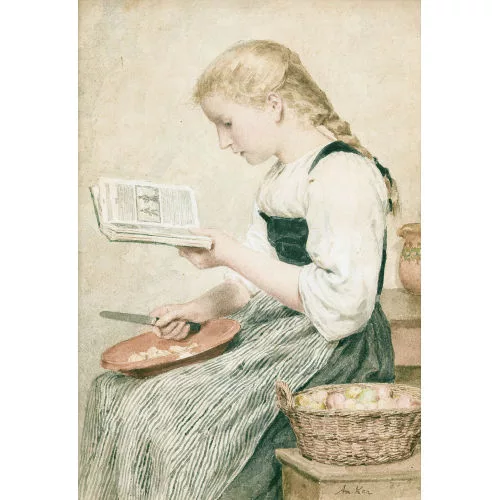 Albert Anker — Sitzendes lesendes Mädchen mit Äpfeln.