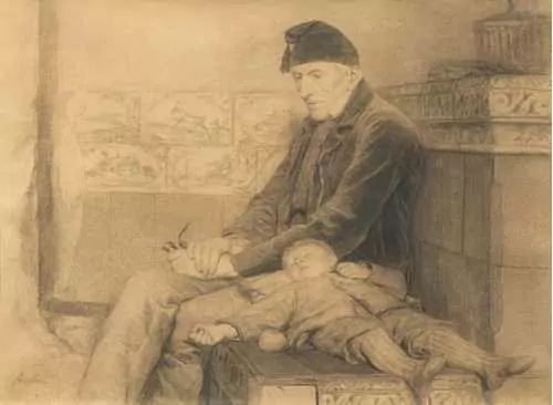 ALBERT ANKER — Grossvater mit dem schlafenden Knaben - "Der alte Küffer und schlafender Knabe". Um 1888. — Koller Auktionen