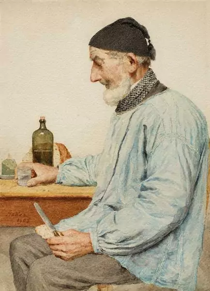 ANKER, ALBERT — A grandfather having a snack ( beim Znüni). 1905. — Koller Auktionen