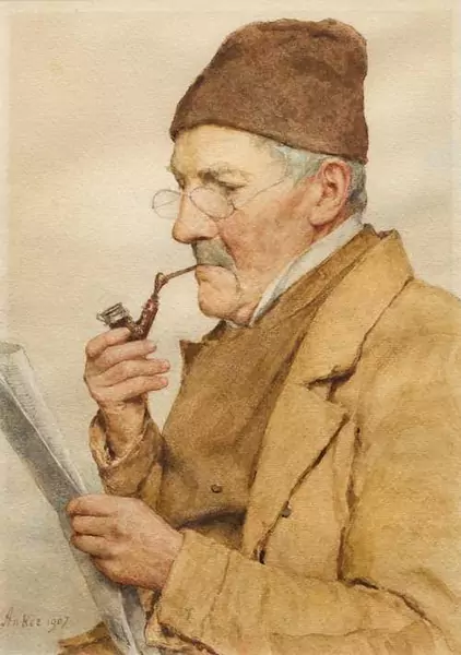 ALBERT ANKER — Pipe smoking man reading a newspaper. 1907 — Koller Auktionen