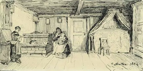 ALBERT ANKER — Interieur mit Mutter und Kind und strickender Tochter. 1882. — Koller Auktionen