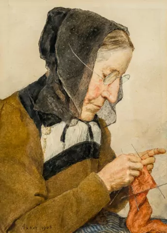 Strickende Bäuerin mit Brille und Kopftuch, 1906