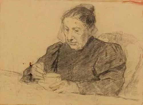 ALBERT ANKER — Woman seated at a table drinking coffee. — Koller Auktionen