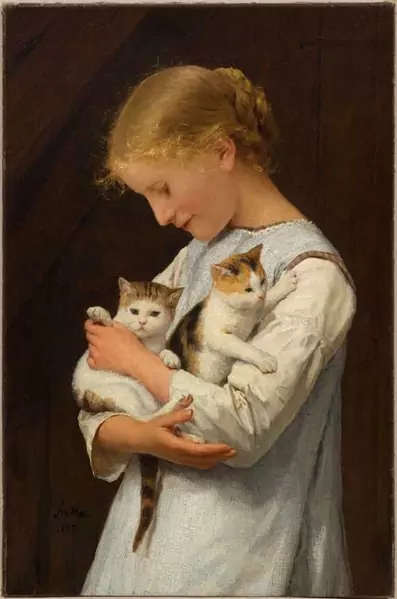 ALBERT ANKER — Mädchen mit zwei Katzen (Girl with two cats). 1888. — Koller Auktionen