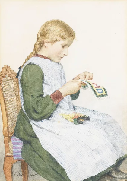 Albert Anker — Mädchen beim Sticken.