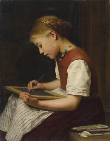 Schulmädchen bei den Hausaufgaben, 1879