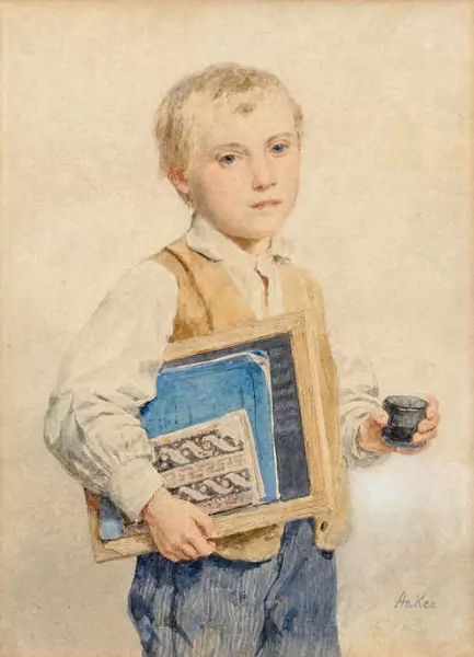 ALBERT ANKER — Boy with writing tablet and glass of water. — Koller Auktionen