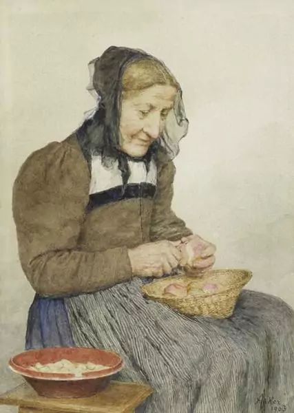 ALBERT ANKER — Portrait einer Frau beim Apfelschälen. 1903. — Koller Auktionen
