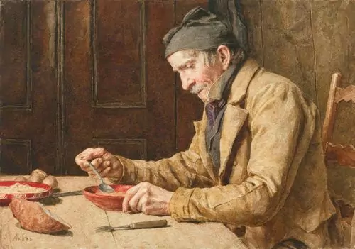 ALBERT ANKER — Mann beim Suppe essen. — Koller Auktionen