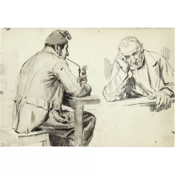 Albert Anker — Mann mit Mütze und Pfeife - Lesender Mann. - Rückseitig: Schnapstrinker