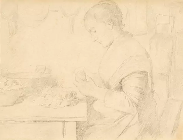 ALBERT ANKER — Gemüse rüstende junge Frau in der Küche. — Koller Auktionen