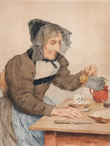 Seeländerbäuerin in Tracht beim Kaffee einschenken, 1903