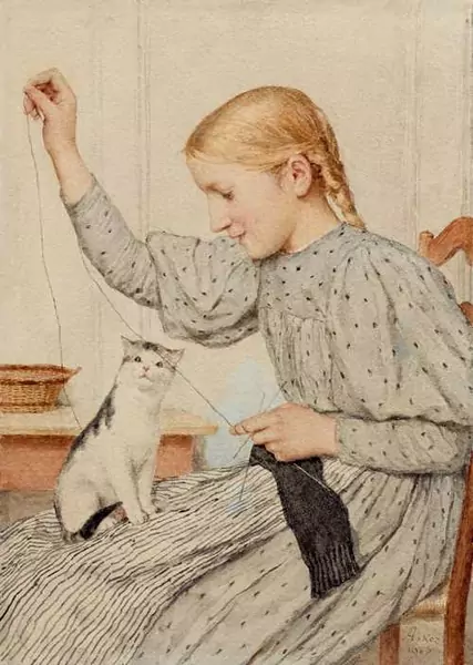 ALBERT ANKER — Sitzendes Mädchen mit einer Katze. 1903. — Koller Auktionen