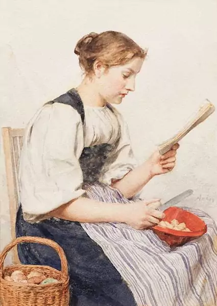 ALBERT ANKER — A young woman peeling potatoes, reading. — Koller Auktionen