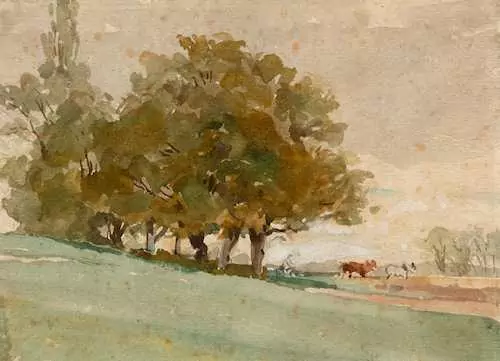 ALBERT ANKER — Landschaftsstudie mit Bäumen und bäuerlichem Gespann. — Koller Auktionen