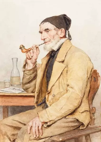 ALBERT ANKER — Grandfather, smoking a pipe. — Koller Auktionen
