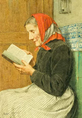 Lesende Grossmutter auf Ofenbank, 1907