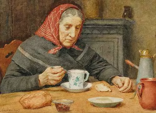 ALBERT ANKER — Old woman with a red headscarf drinking coffee. 1907. — Koller Auktionen