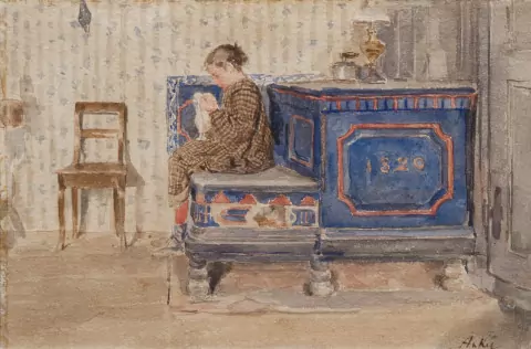 Mädchen auf der Ofenbank, um 1880