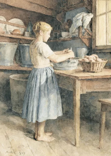 Albert Anker — "Stehendes Mädchen, Kartoffel schälend".