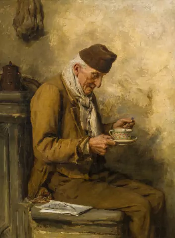 Alter Mann beim Tee trinken, um 1895