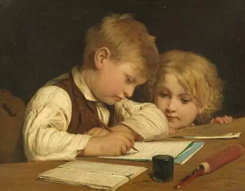 ALBERT ANKER — Schreibender Knabe mit Schwesterchen I. 1875. — Koller Auktionen