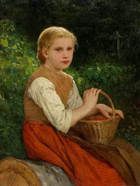 ANKER, ALBERT — Girl with a basket in the woods (Erdbeerimareili). 1872. — Koller Auktionen