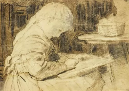 ALBERT ANKER — Recto: Schreibendes Mädchen. Bleistift und Kohle auf Papier. Oben links signiert: Anker. — Koller Auktionen