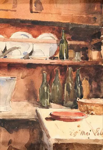 ALBERT ANKER — Interior with bottles and tableware. 1886. — Koller Auktionen