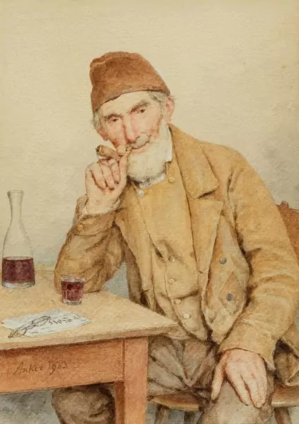 ALBERT ANKER — Man with a pipe seated at a table. 1903. — Koller Auktionen