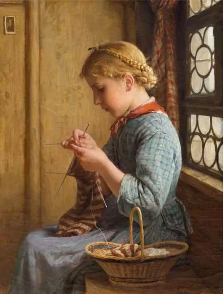 ALBERT ANKER — Strickendes Mädchen am Fenster. 1878. — Koller Auktionen