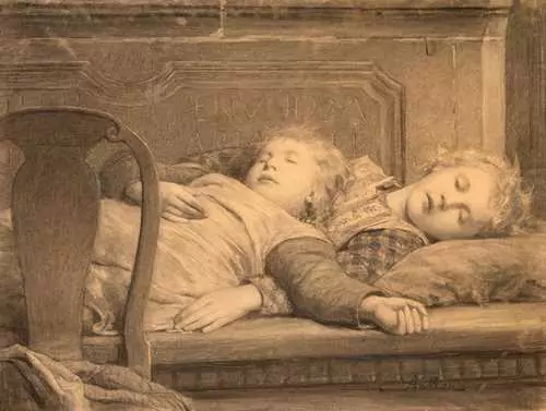 ALBERT ANKER — Two girls sleeping by the stove. Circa 1895. — Koller Auktionen