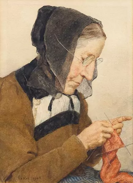 ALBERT ANKER — Strickende Bäuerin. 1906. — Koller Auktionen