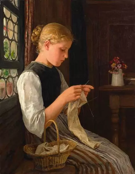 ALBERT ANKER — Knitting girl by a window (Une tricoteuse à la fenêtre). 1885. — Koller Auktionen